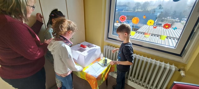 Kinder und eine Erwachsene betrachten einen Brutkasten auf einem Tisch vor einem mit Papierblumen dekorierten Fenster.