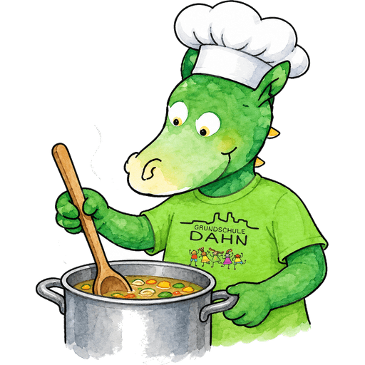 Der Schuldrache kocht eine Gemüsesuppe
